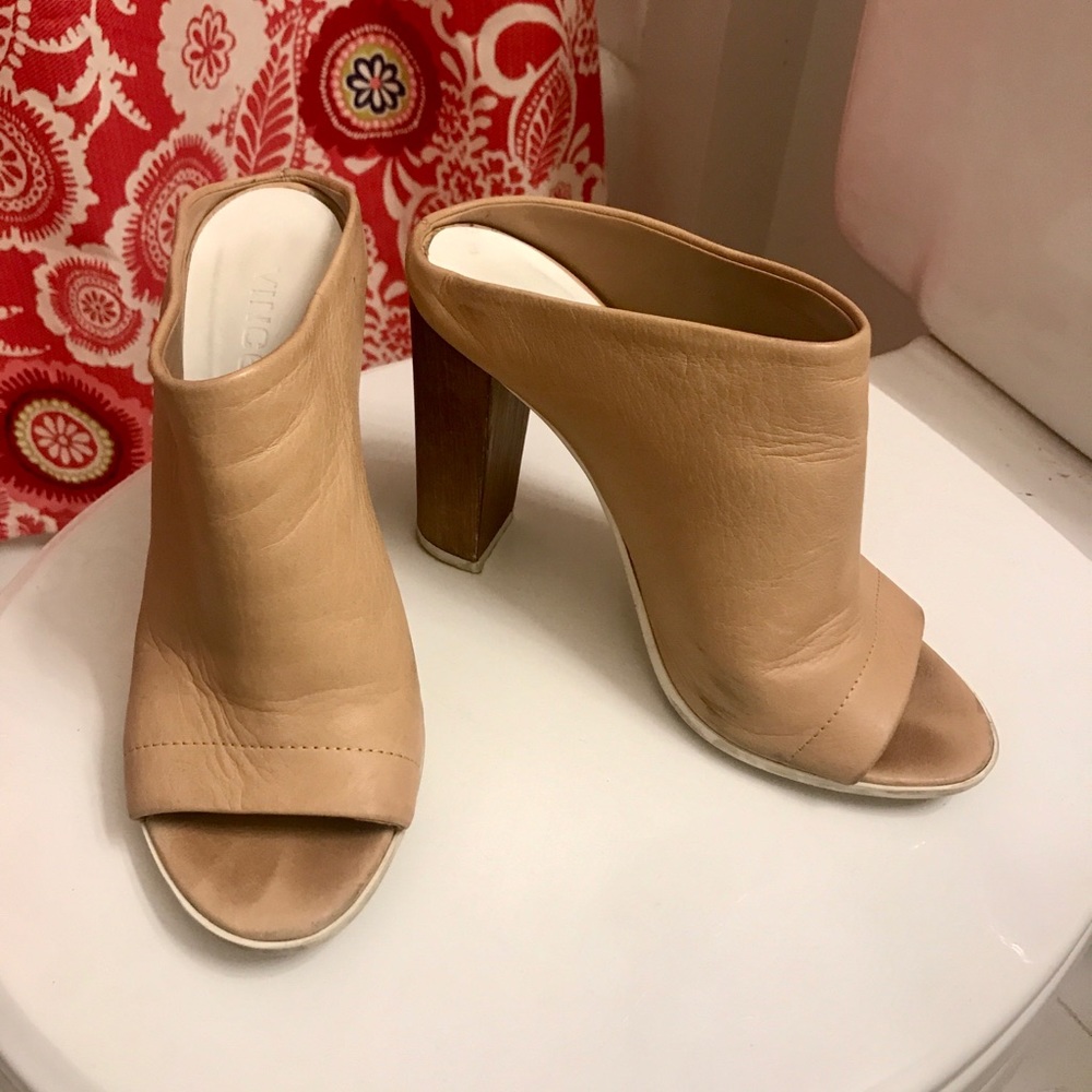 Vince “Allison” nude leather block heel mules